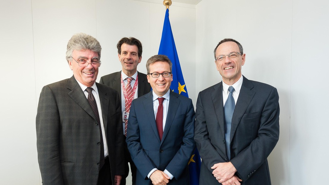 l. to r..: Patrick Aebischer (EPFL), Roberto Balzaretti (EU Swiss ambassador), Carlos Moedas (EU, Head of Research and Innovation), Lino Guzzella (ETH Zürich).
