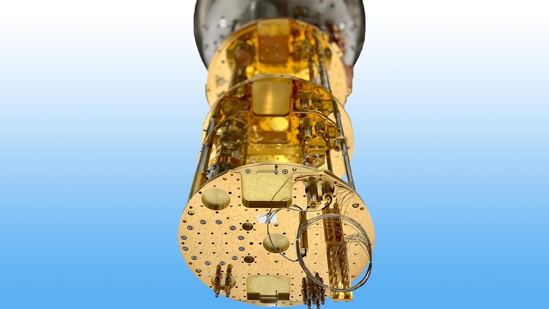 A cryogenic dilution refrigerator. The base temperature is 10 milliKelvin. Credit: Andrea Bancora, Amir Youssefi