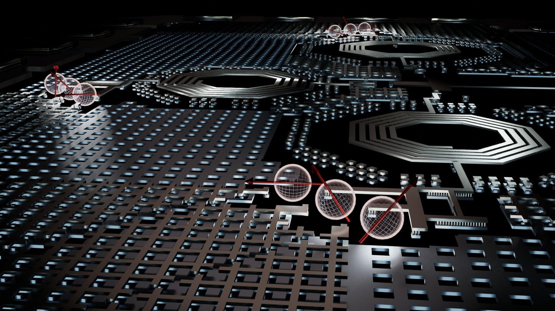 Three resonators operating at different frequencies read a 3x3 matrix of quantum dots. © Harald Homulle 2022 EPFL