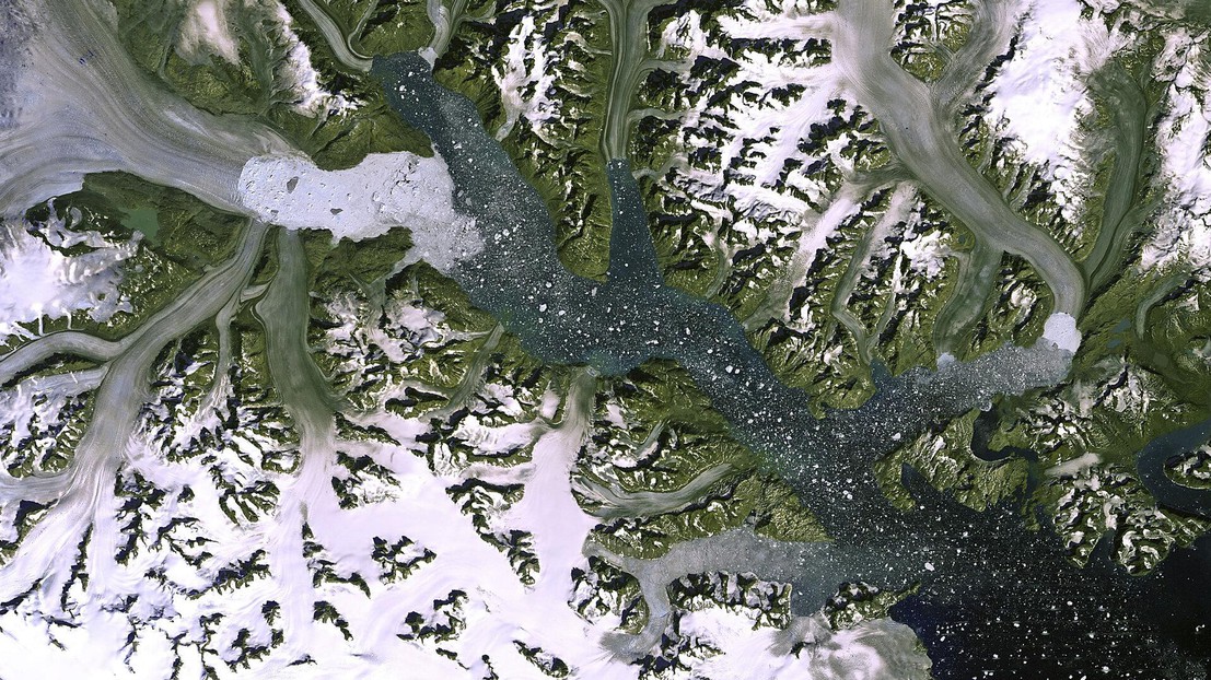 Satellite image of Greenland Glacier Kangerdlugssuaq, included in the Vanishing Glaciers project. © ESA