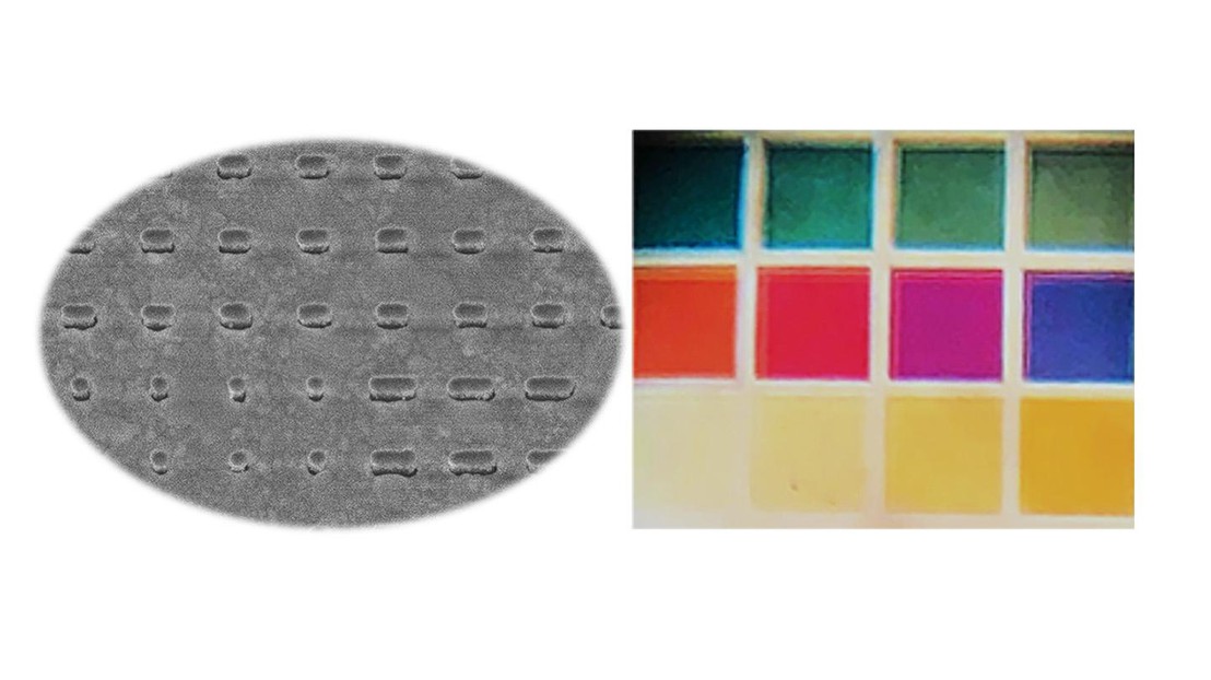 Codable colors (R) reflected by the silver nanostuctures (L) developed in the Nanophotonics and Metrology Lab. 2023 EPFL/ Unknown-NAM- CC-BY-SA 4.0 Codable colors (R) reflected by the silver nanostuctures (L) developed in the Nanophotonics and Metrology Lab. 2023 EPFL/ Unknown-NAM- CC-BY-SA 4.0