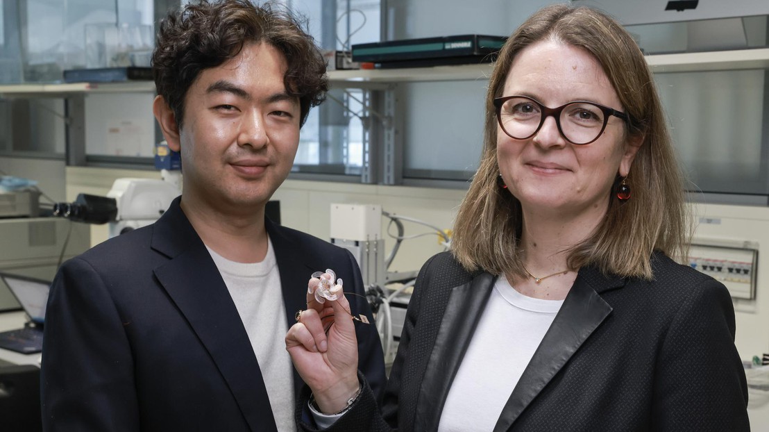 Sukho Song and Stéphanie Lacour with the deployable electrode. Credit: 2023 EPFL/Alain Herzog- CC-BY-SA 4.0 Sukho Song and Stéphanie Lacour with the deployable electrode. Credit: 2023 EPFL/Alain Herzog- CC-BY-SA 4.0