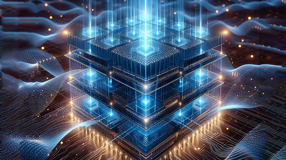 AI-generated (DALL-E 3) conceptual image depicting light waves passing through a physical system. © 2023 EPFL/LWE CC-BY-SA 4.0