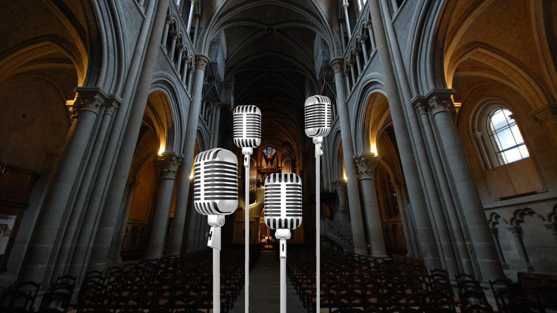 The scientists tried to model the Lausanne Cathedral using only four microphones (photomontage). The scientists tried to model the Lausanne Cathedral using only four microphones (photomontage).