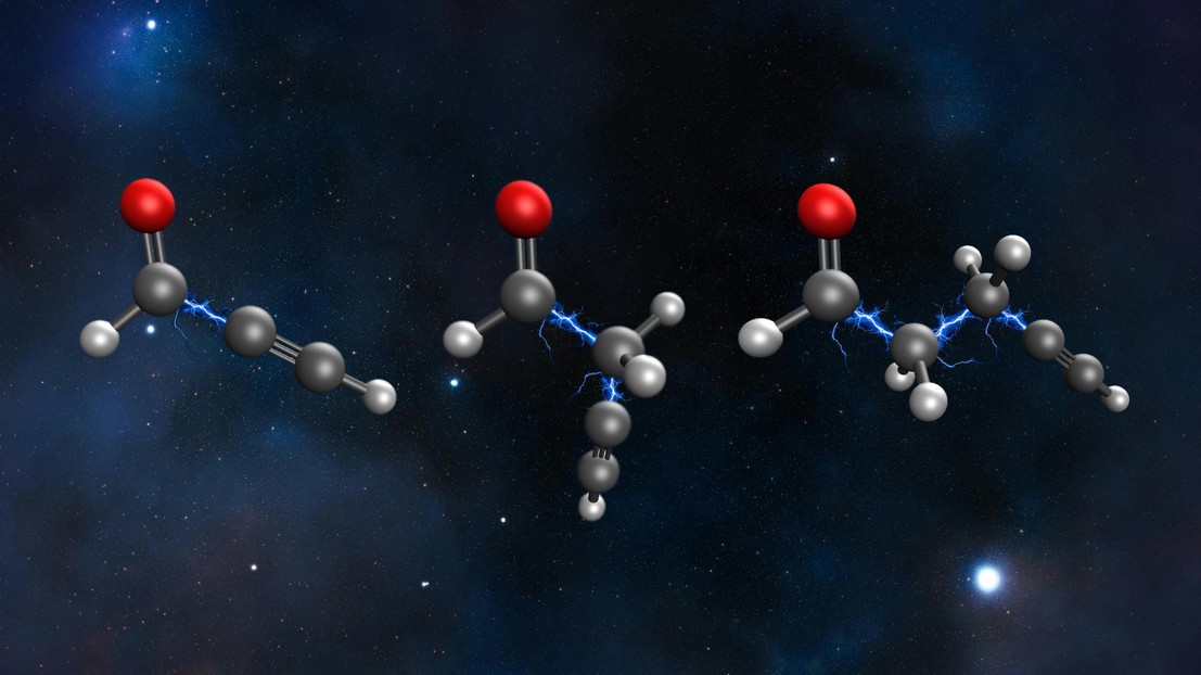 Inserting –CH₂– chemical groups into propynal increases molecular size and flexibility, yet unexpectedly favors the persistence of quantum effects. 2025 EPFL/Alan Scheidegger - CC-BY-SA 4.0 Inserting –CH₂– chemical groups into propynal increases molecular size and flexibility, yet unexpectedly favors the persistence of quantum effects. 2025 EPFL/Alan Scheidegger - CC-BY-SA 4.0