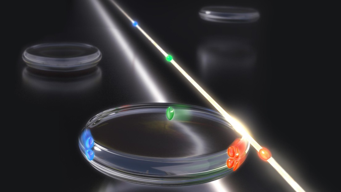 Artist's rendering of multiplexed optical pulses in a crystalline resonator (credit: Woogieworks)