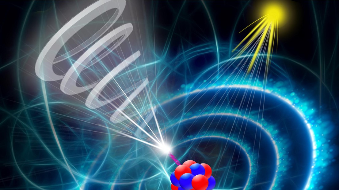 The capture of a twisted electron from an ion results in the excitation of the nucleus and the consequent emission of a gamma ray. Credit: S. Gargiulo, R. Olivieri, F. Carbone (EPFL)