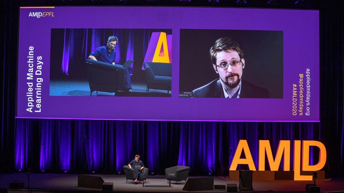 Edward Snowden speaks via videoconference with EPFL's Marcel Salathé at EPFL's AMLD conference © samueldevantery.com Edward Snowden speaks via videoconference with EPFL's Marcel Salathé at EPFL's AMLD conference © samueldevantery.com