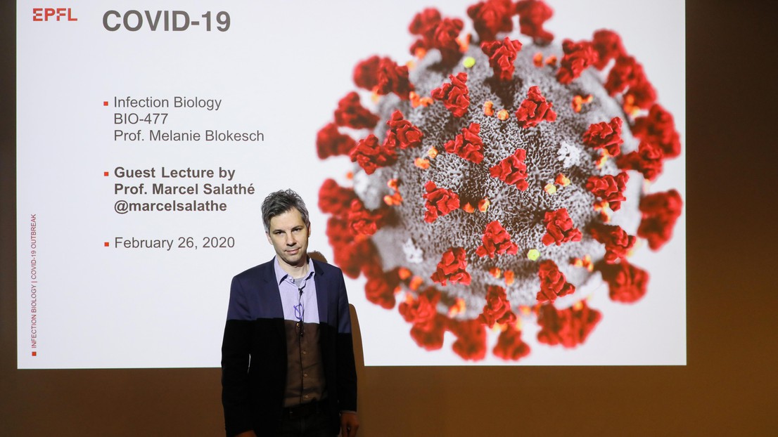 Marcel Salathé during his coronavirus lecture on 26 February 2020. Credit: Alain Herzog, EPFL Marcel Salathé during his coronavirus lecture on 26 February 2020. Credit: Alain Herzog, EPFL