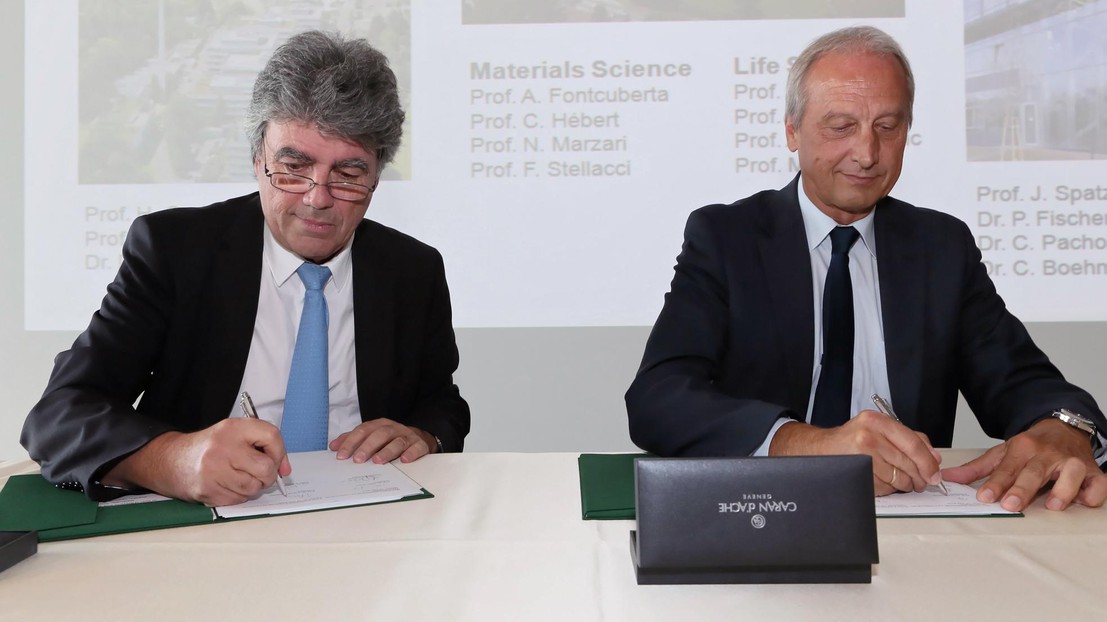 Patrtick Aebischer, EPFL president, and Peter Gruss, president of the Max-Planck-Gesellschaft. © Alain Herzog Patrtick Aebischer, EPFL president, and Peter Gruss, president of the Max-Planck-Gesellschaft. © Alain Herzog